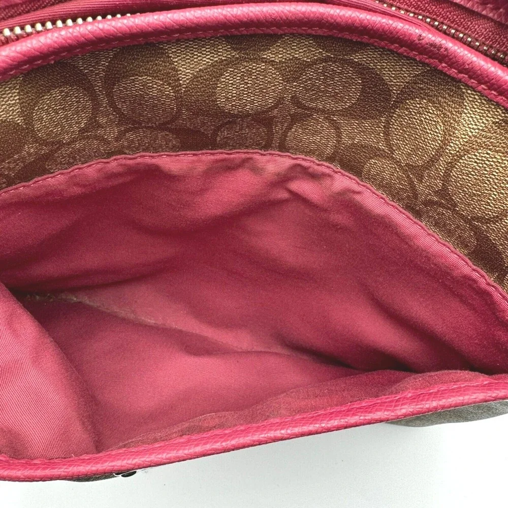 COACH Authentic Signature Shoulder Cross Body Bag Vegan Leather Brown Pink Purse